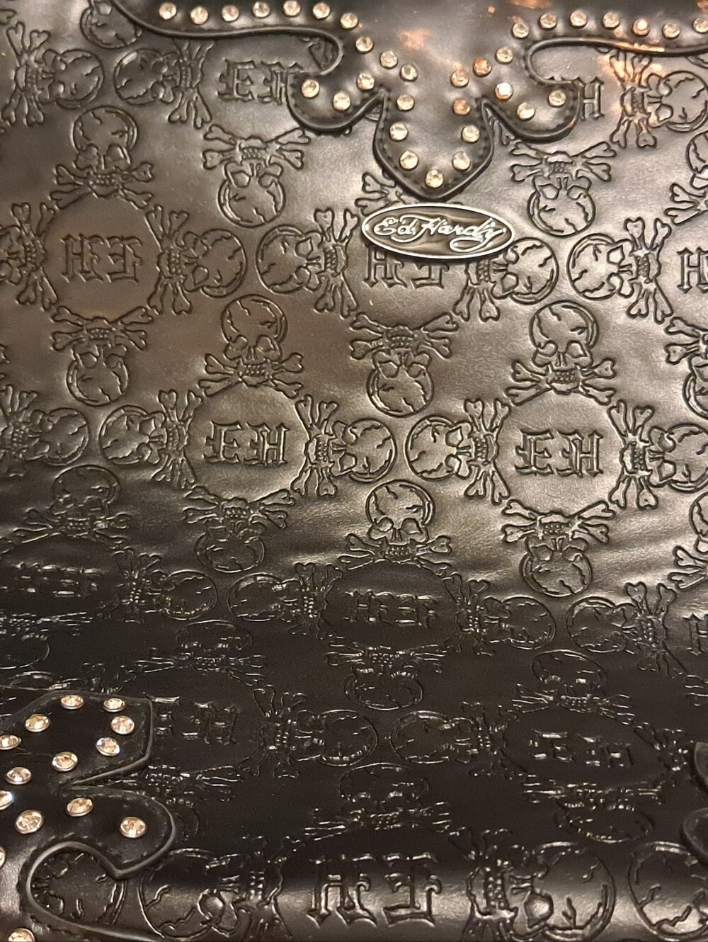 Ed Hardy Black Embossed Studded Faux Leather Satchel With Several Charms - Picture 2 of 6